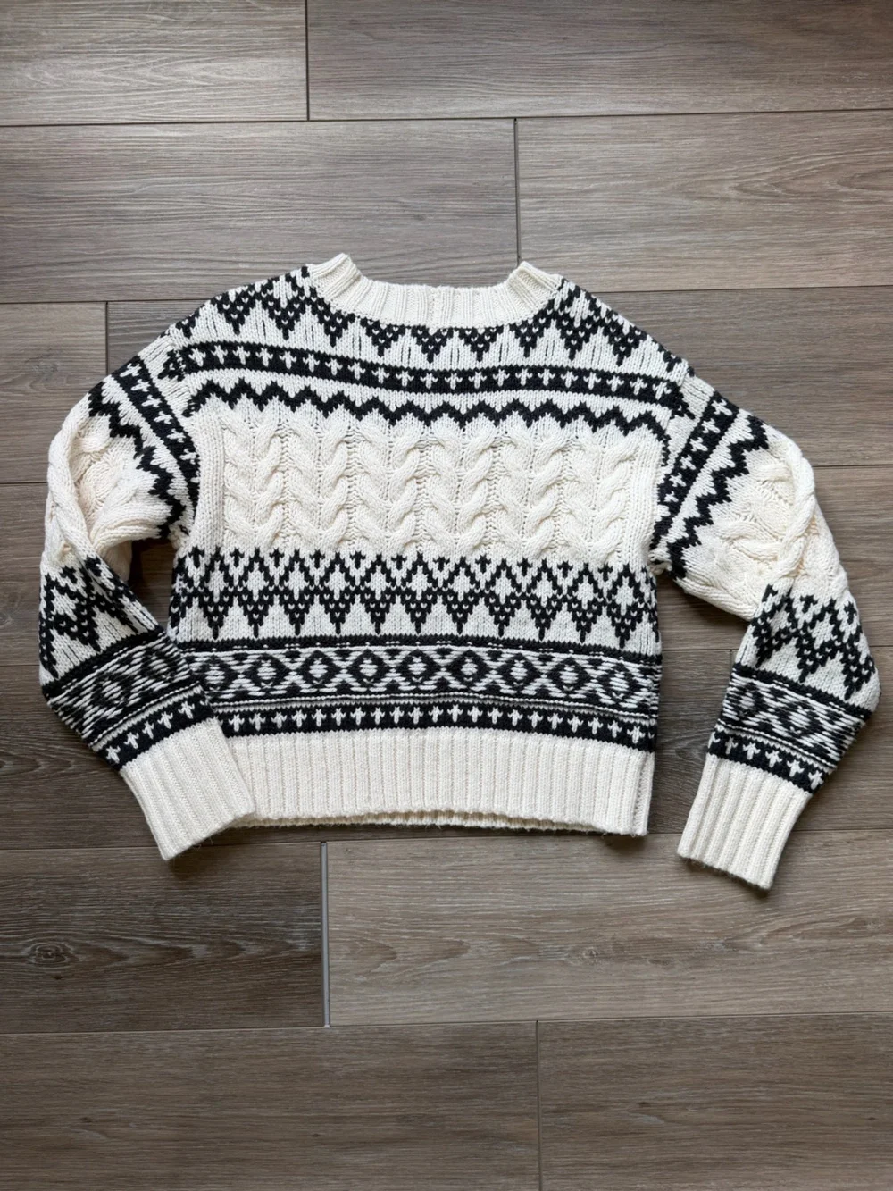 American Eagle Outfitters Cream & Black Fair Isle Cable Knit Sweater